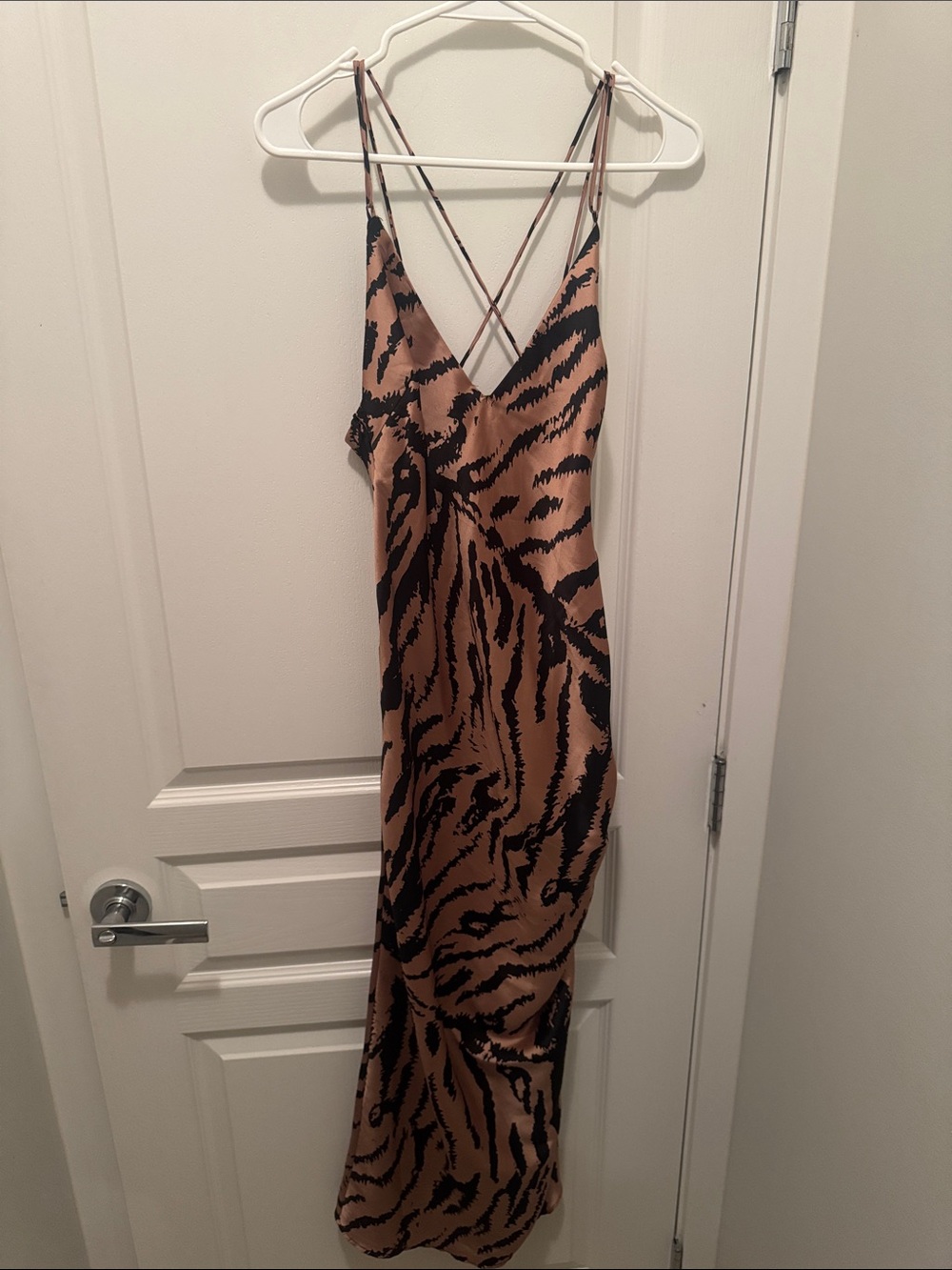 Zara Black & Tan Animal-Print Satin Maxi Dress with Strappy Back